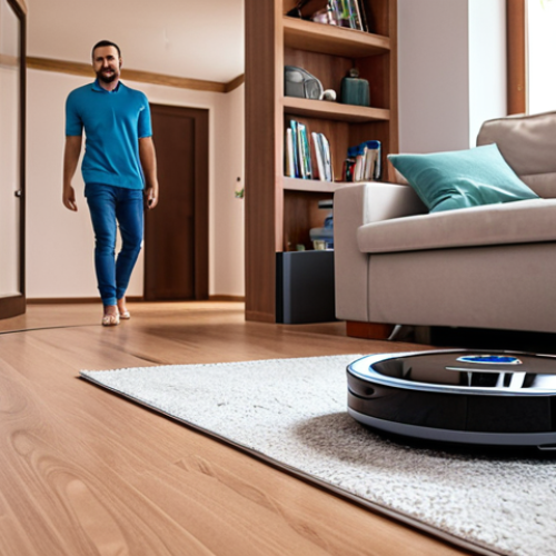 Home 11 **
A modern Turkish home interior featuring a robot vacuum cleaning the floor. In the background, a busy professional enjoys leisure time, showcasing time saved by the robot. Focus on a clean, comfortable, and tech-enhanced living space.
**