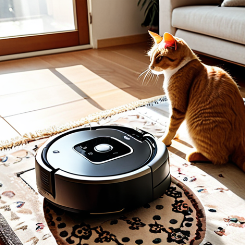 Home 6 **
> A modern Turkish home interior. A robotic vacuum cleaner is diligently cleaning a patterned Turkish rug in the living room, showcasing its deep cleaning capabilities. A cat or dog is nearby, implying the robot's effectiveness with pet hair. Sunlight streams in, highlighting the clean floor. The scene is warm and inviting, emphasizing the convenience and cleanliness brought by the robot vacuum.
**